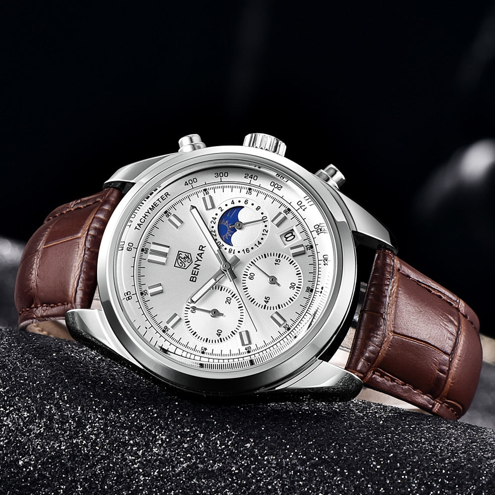 BENYAR New Men Watch 30ATM Waterproof Stainless Steel Quartz Wristwatches Luxury Leather Military Chronograph Watch