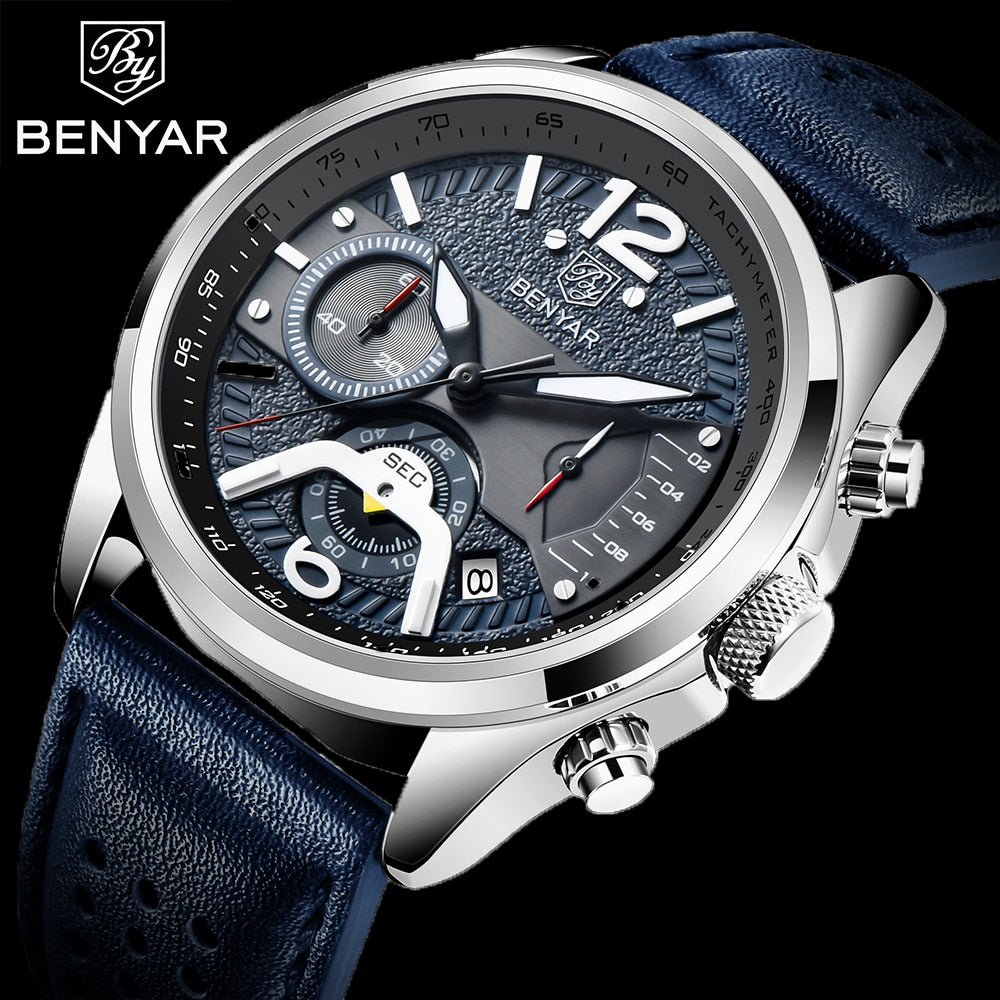 BENYAR New Men Watch Top Brand Waterproof Men Quartz Wristwatch Military Leather Watch Men Sports Chronograph