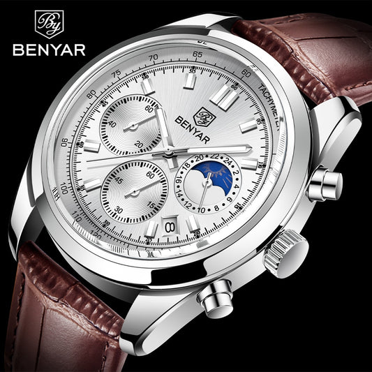 BENYAR New Men Watch 30ATM Waterproof Stainless Steel Quartz Wristwatches Luxury Leather Military Chronograph Watch