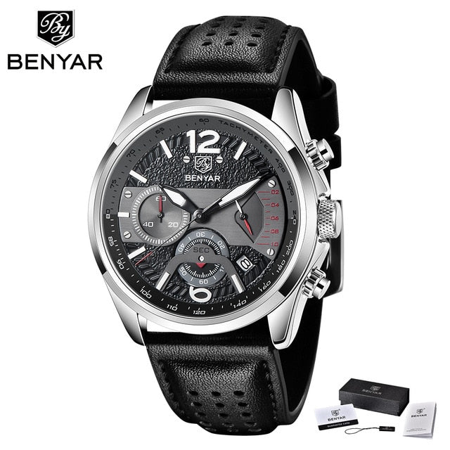 BENYAR New Men Watch Top Brand Waterproof Men Quartz Wristwatch Military Leather Watch Men Sports Chronograph